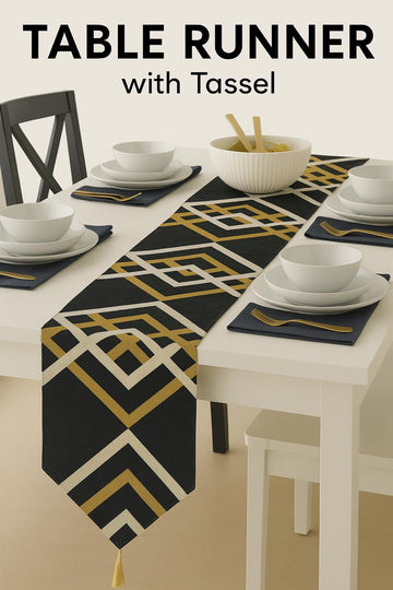 Luxury Geometric Black & Gold Table Runner with Tassel