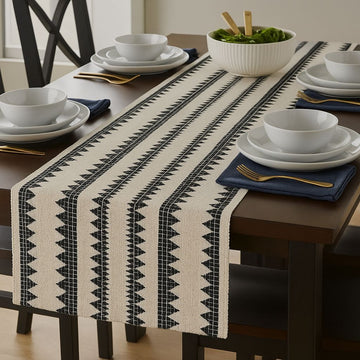 Black & White Geometric Woven Table Runner – 72 Inches