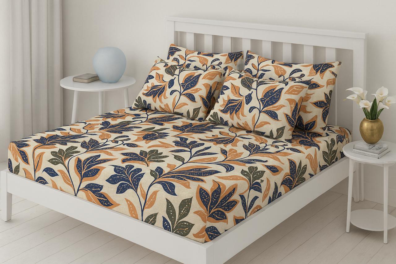 Premium Fitted Bedsheet Set – Elegant Leaf Design (3-Piece)