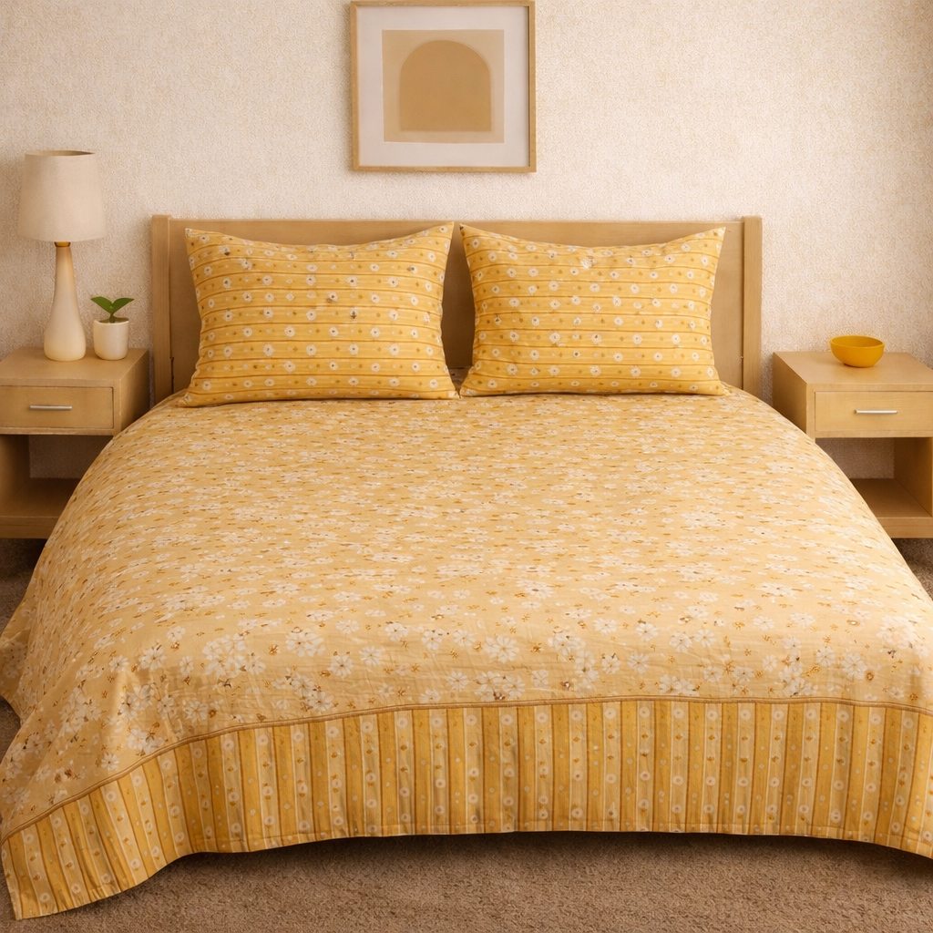 Sunshine Bloom Premium Cotton Bed Sheet Set – Double Bed