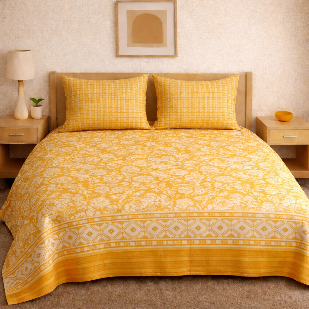 Sunshine Elegance Cotton Bedsheet – Double Bed | Gift Pack