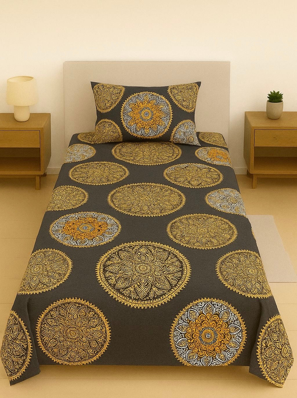 Golden Mandala Block Print Design Pair of Single Bed Sheets