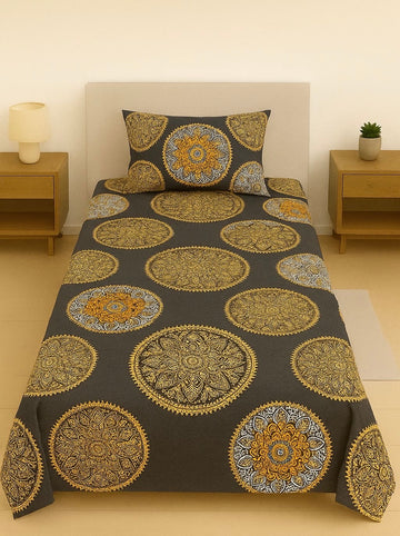 Golden Mandala Block Print Design Pair of Single Bed Sheets