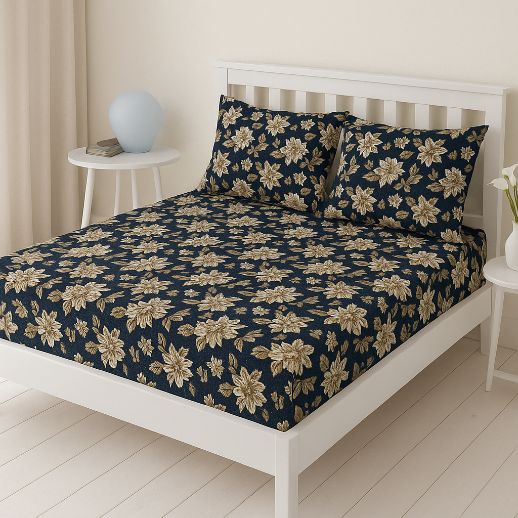 Midnight Bloom Premium Cotton Fitted Bed Sheet with Pillow Covers