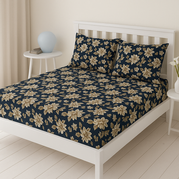 Midnight Bloom Premium Cotton Fitted Bed Sheet with Pillow Covers
