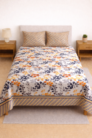 Golden Petal Harmony – Pair of Single Cotton Bedsheets
