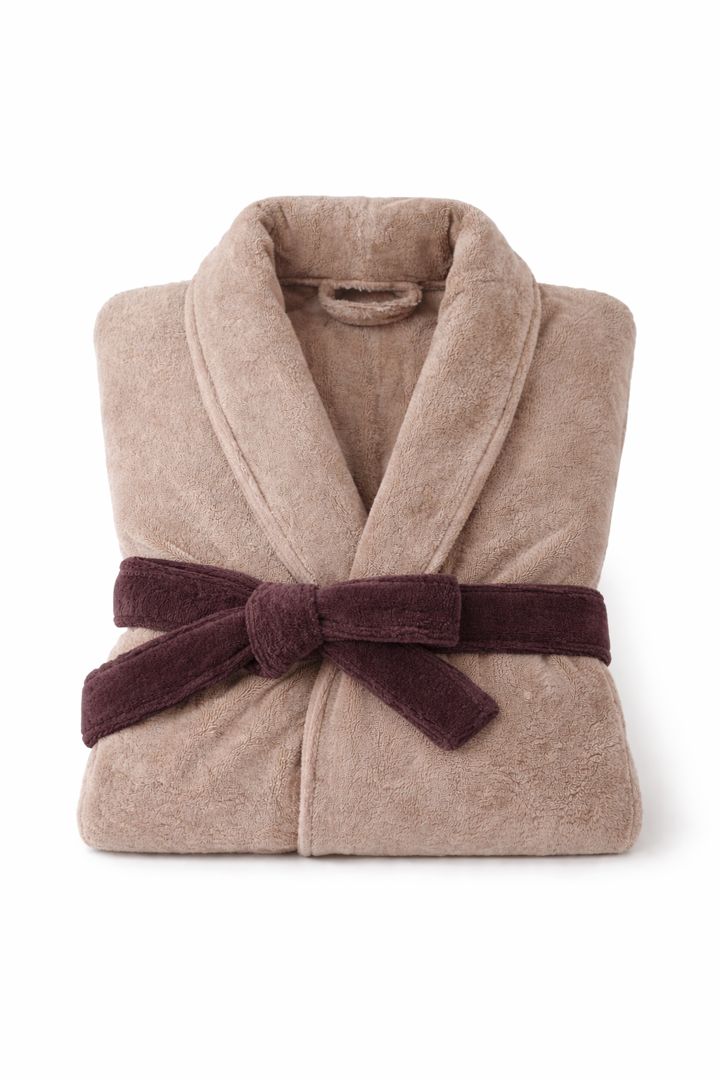 Luxury Beige Plush Bathrobe with Deep Purple Belt – Export Quality Premium (Free Size)