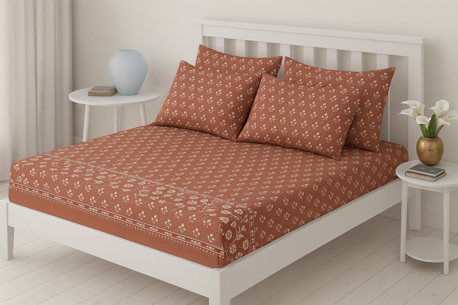 Rust Blossom Premium Cotton Fitted Bed Sheet with Pillow Covers