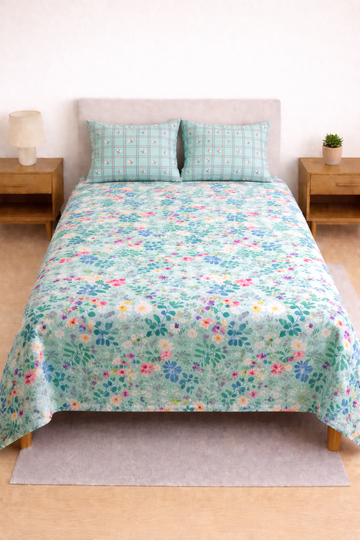 Mint Meadow Bloom – Pair of Single Cotton Bedsheets