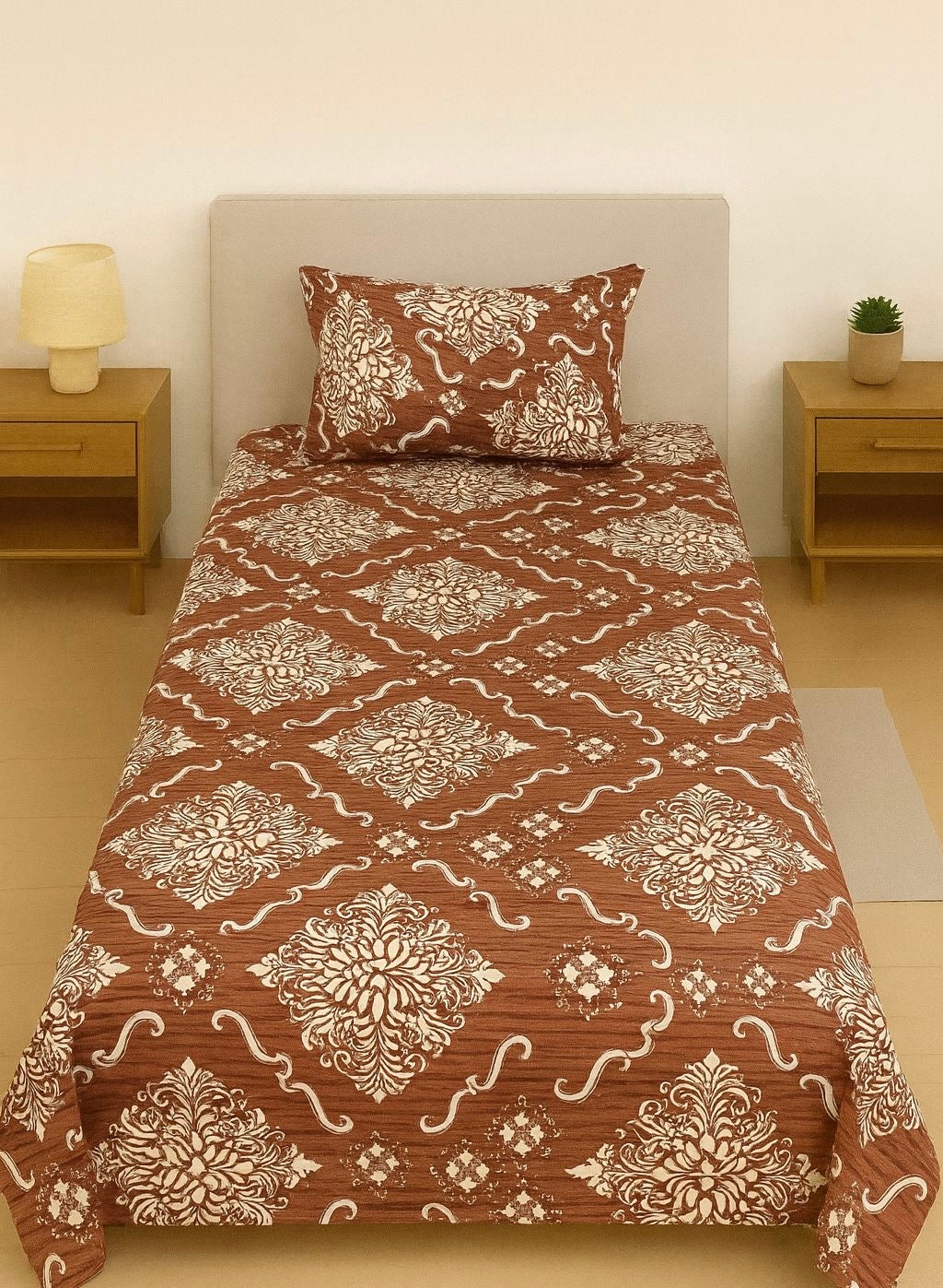 Elegant Brown Damask Design Pair of Single Bed Sheets