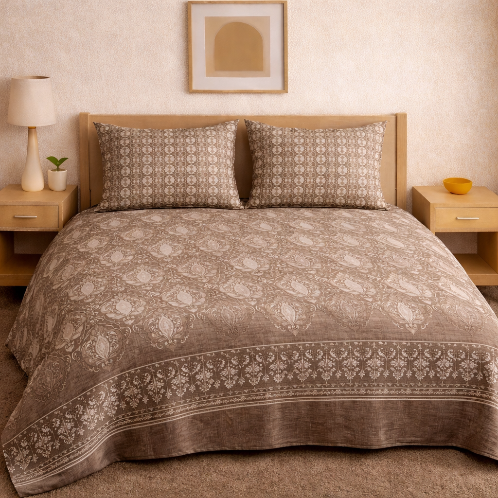 Royal Beige Classic Cotton Bedsheet – Double Bed | Soft & Elegant Design