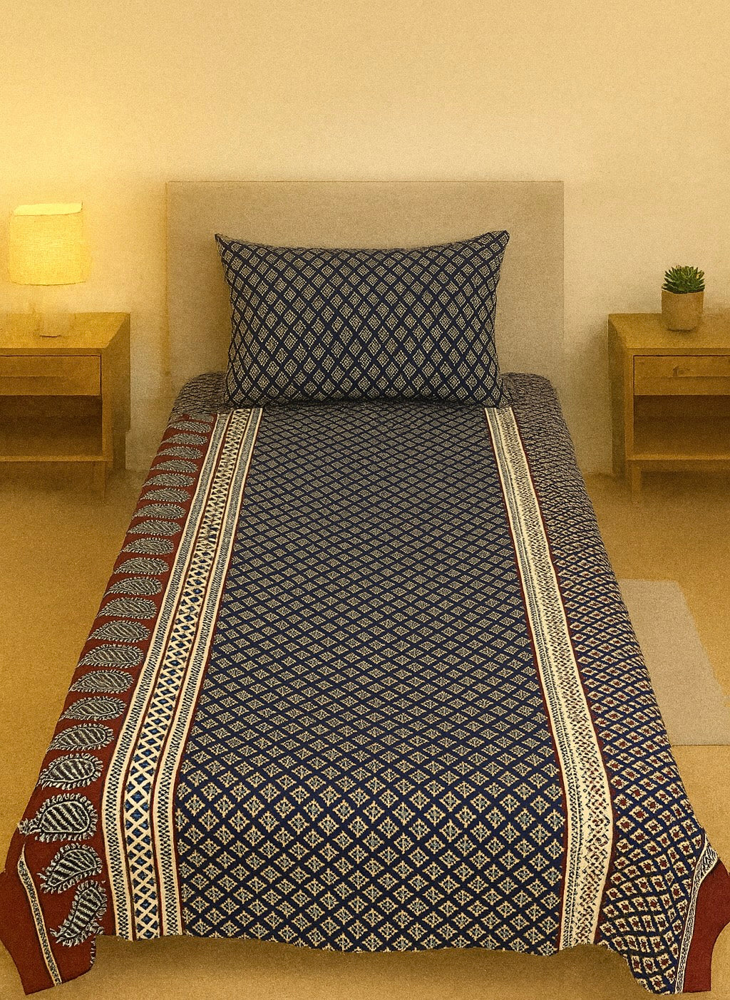 Navy Blue & Maroon Sindhi Block Print Pair Single Bedsheets