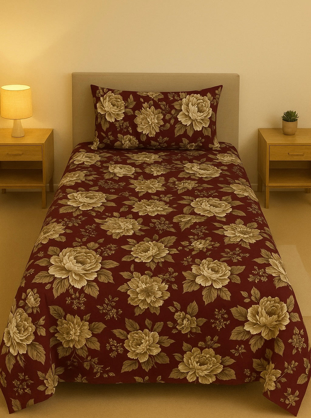Classic Floral Maroon Pair of Single Bed Sheets