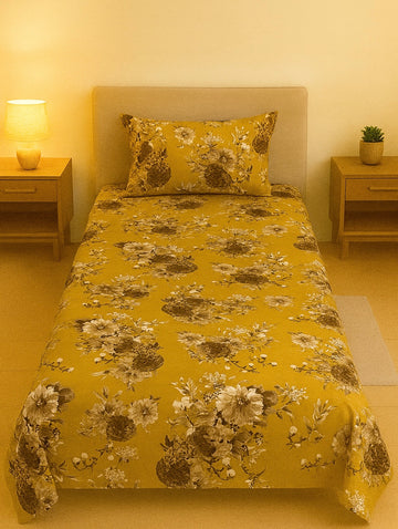Mustard Yellow Floral Bloom Design Pair of Single Bed Sheets