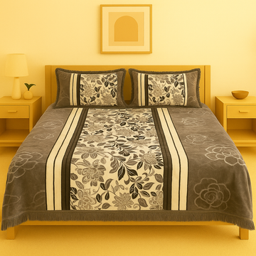 Elegant Floral Grey Fleece King Size Bed Sheet Set with Tassel Lace & 2 Pillow Covers