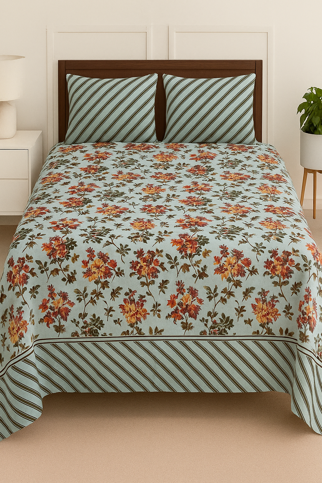 Aqua Blossom Cotton Kingsize Bedsheet Set (with Pillow Covers)