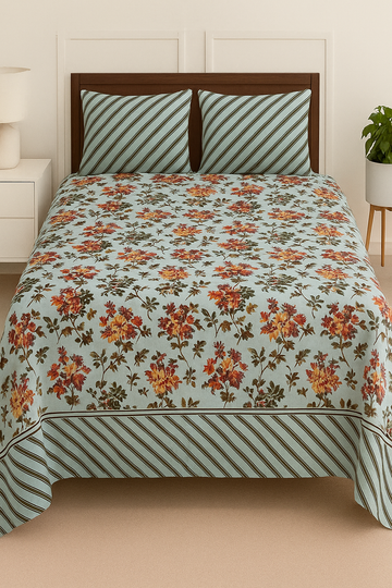 Aqua Blossom Cotton Kingsize Bedsheet Set (with Pillow Covers)