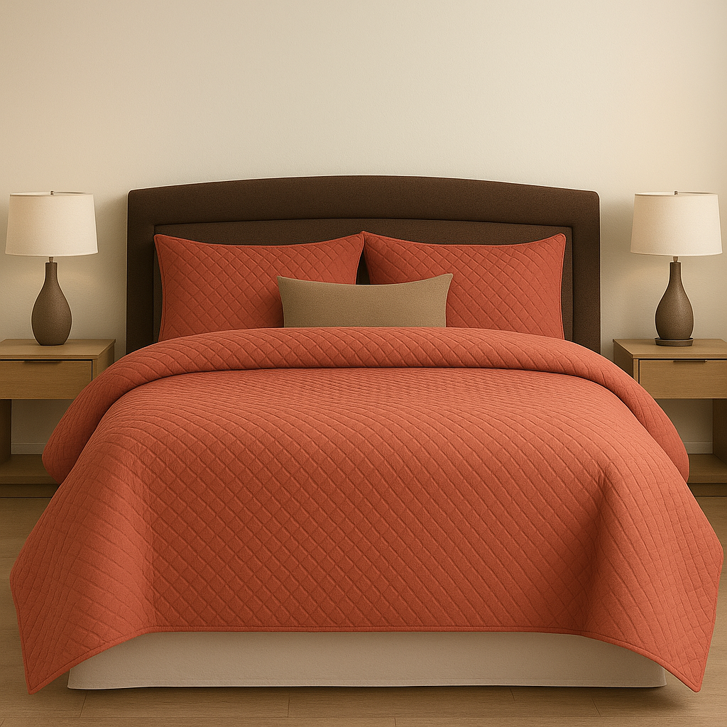 Premium 3-Piece Quilted Bedspread Set – Terracotta | King Size Bed Sheet with Pillow Covers