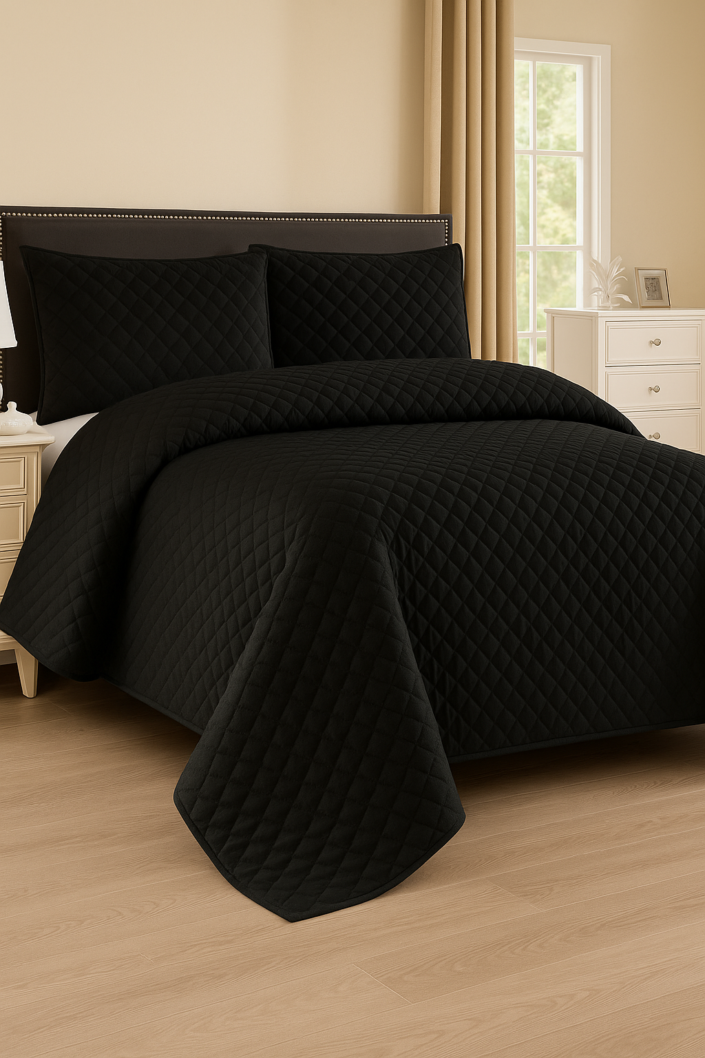 Luxury 3-Piece Quilted Bedspread Set – Classic Black | King Size Bed Sheet with Pillow Covers