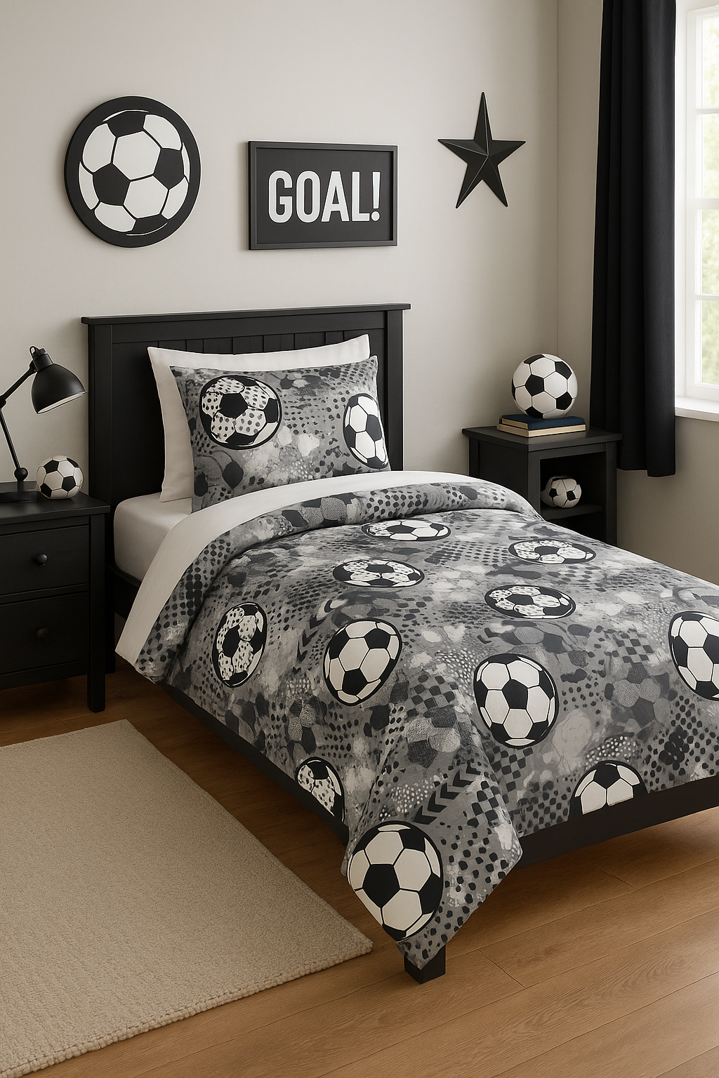 Soccer Champion Single Bed Sheet Set – Black & White Sports Theme