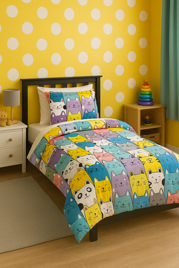Colorful Cartoon Cats Single Bed Sheet Set – Kids Room Bedding