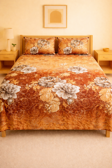 Golden Floral Luxury Fleece King Size Bedsheet Set