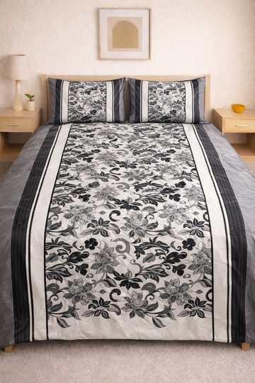 Luxury Grey & Black Floral Printed Velvet Embossed Bedsheet Set – Soft & Elegant Design