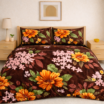 Luxury Embossed Velvet Floral Bedsheet Set – Dark Brown with Orange & Pink Flowers