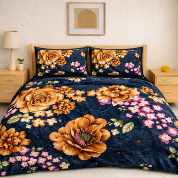 Luxury Embossed Velvet Floral Bedsheet Set – Zinc Color with Golden Roses