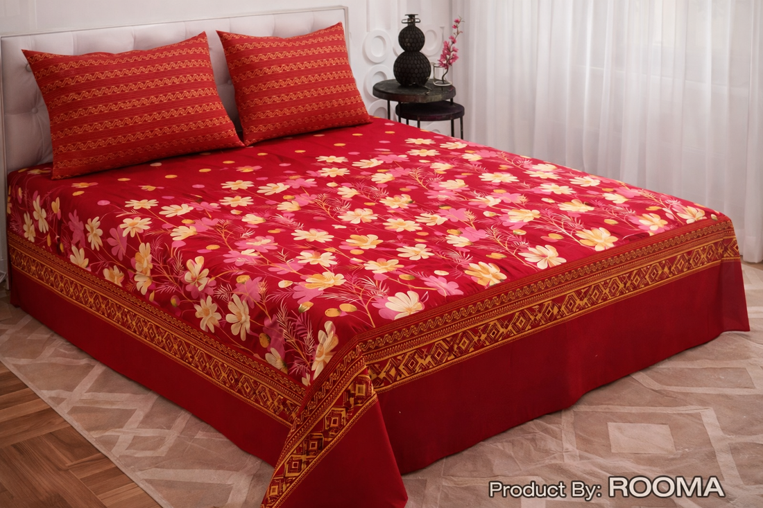 Ruby Blossom Luxury Double Bed Sheet Set – 3 Piece Percale Finish