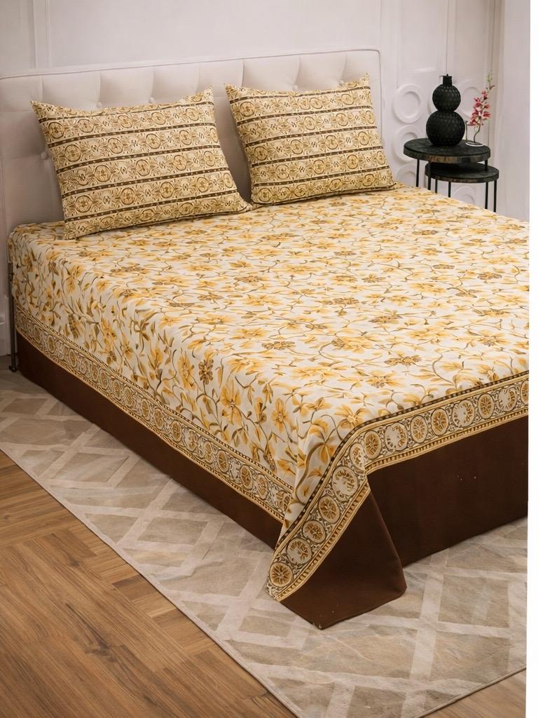Golden Bloom Pure Cotton King Size Bed Sheet Set – 3 Piece