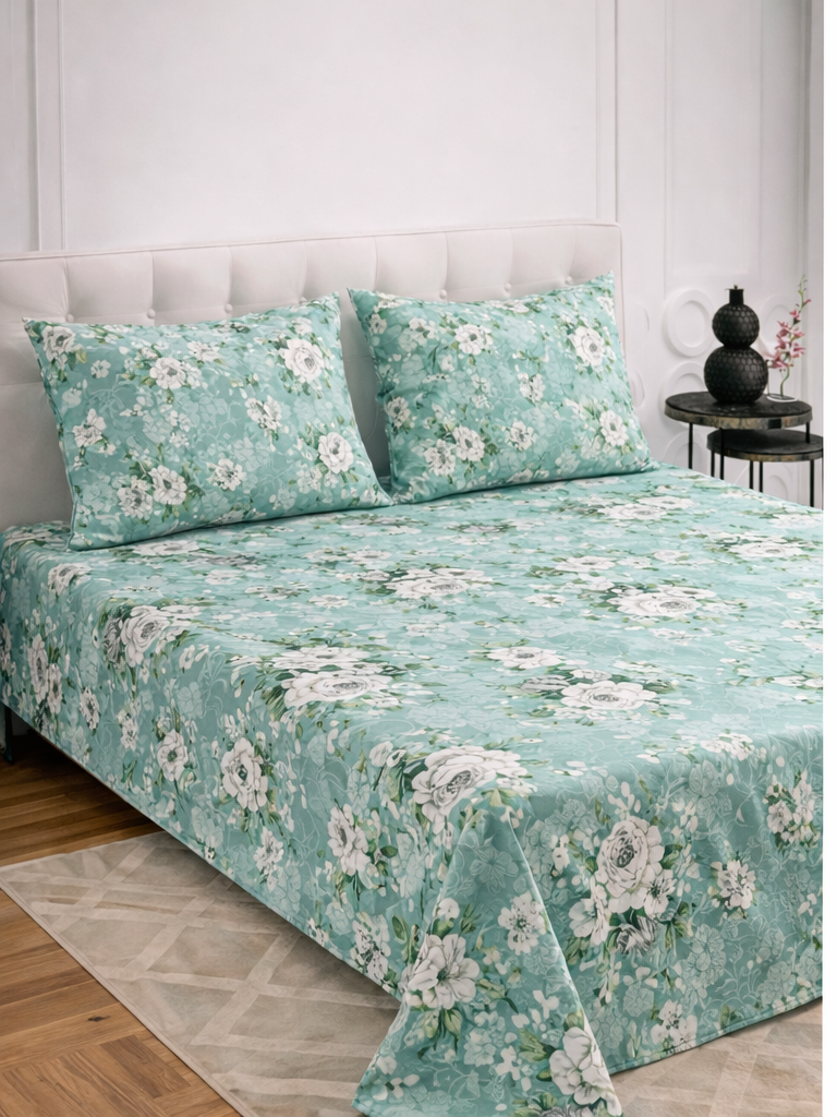 Pure Cotton Aqua Floral 3-Piece King Size Bed Sheet Set