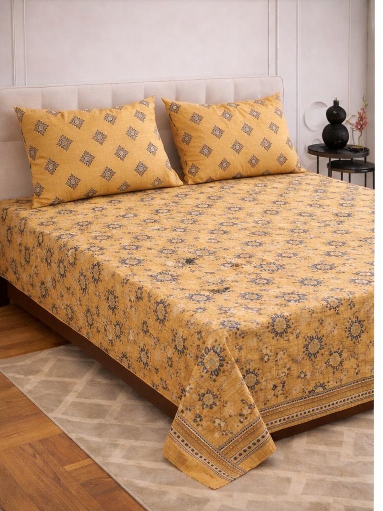 Amber Bloom 3-Piece Pure Cotton King Bed Sheet Set – Floral Printed Luxury Bedding