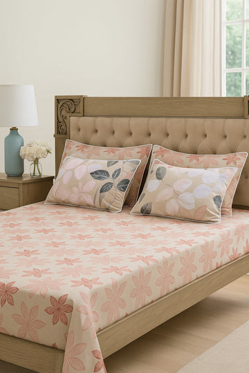 Beige Floral Bedsheet Set with 4pillow covers