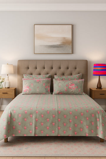 Pista Green Floral Bedsheet with 4pillow covers