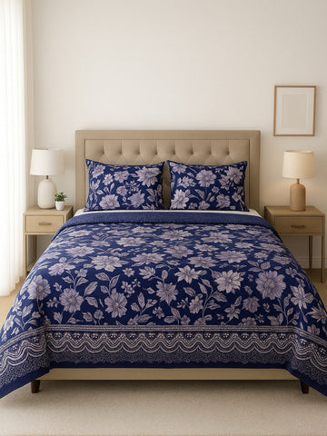 Royal Blue Floral Bedsheet Set with 4pillow covers
