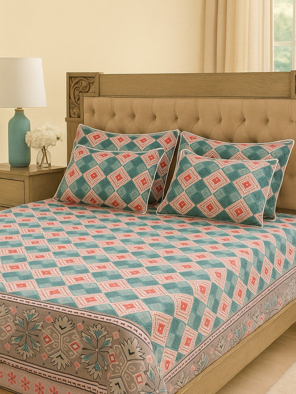 Sea Green Cotton Bedsheet with 4pillow covers