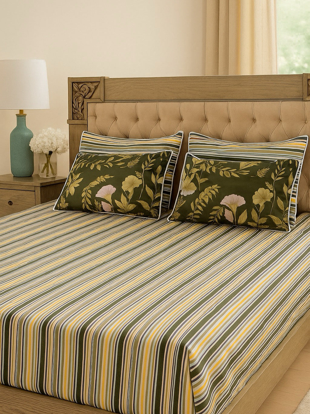 Yellow &Green Striped Cotton Bedsheet Set with 4pillow covers