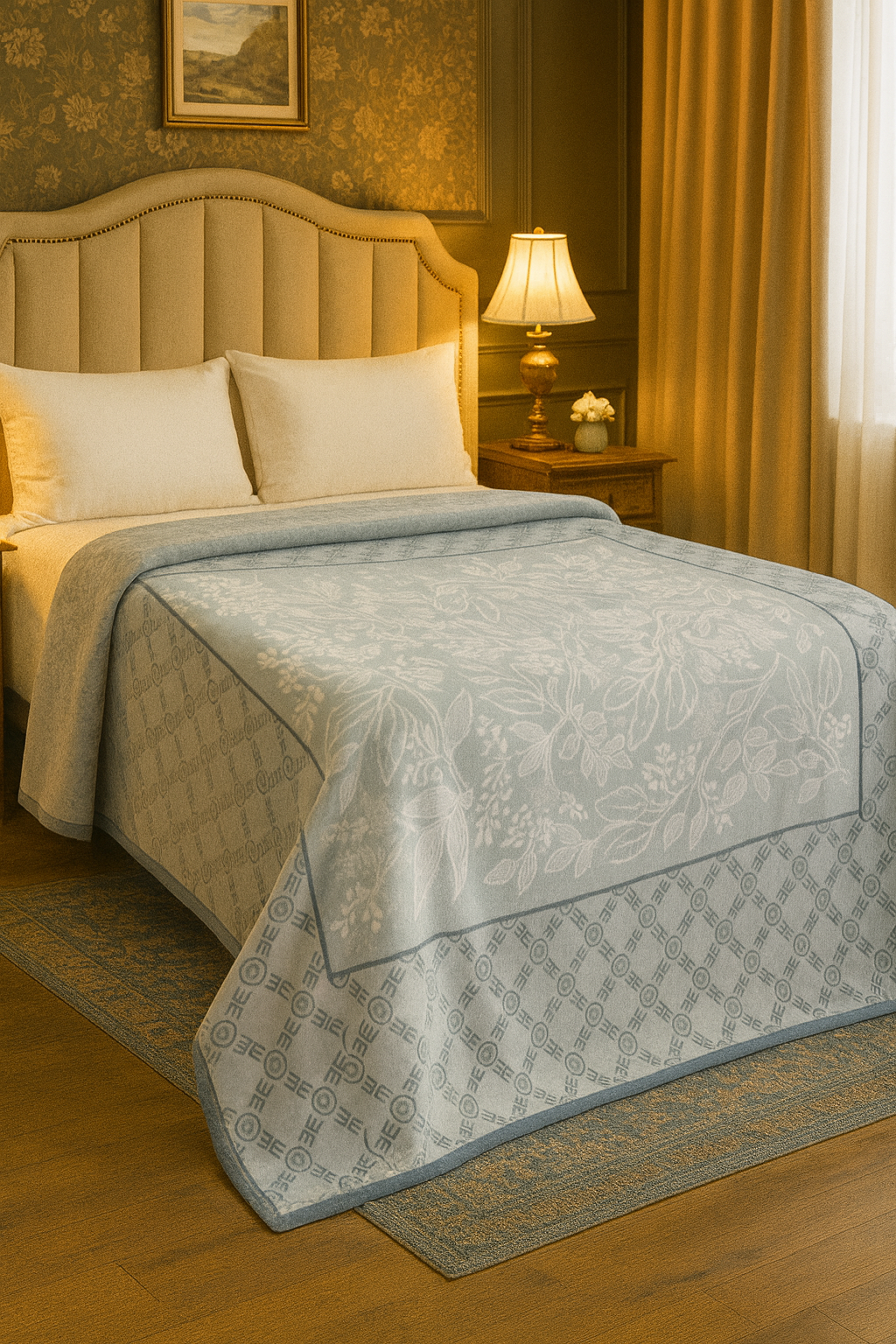 🌿 Elegant Sky Blue Floral Blanket – King Size