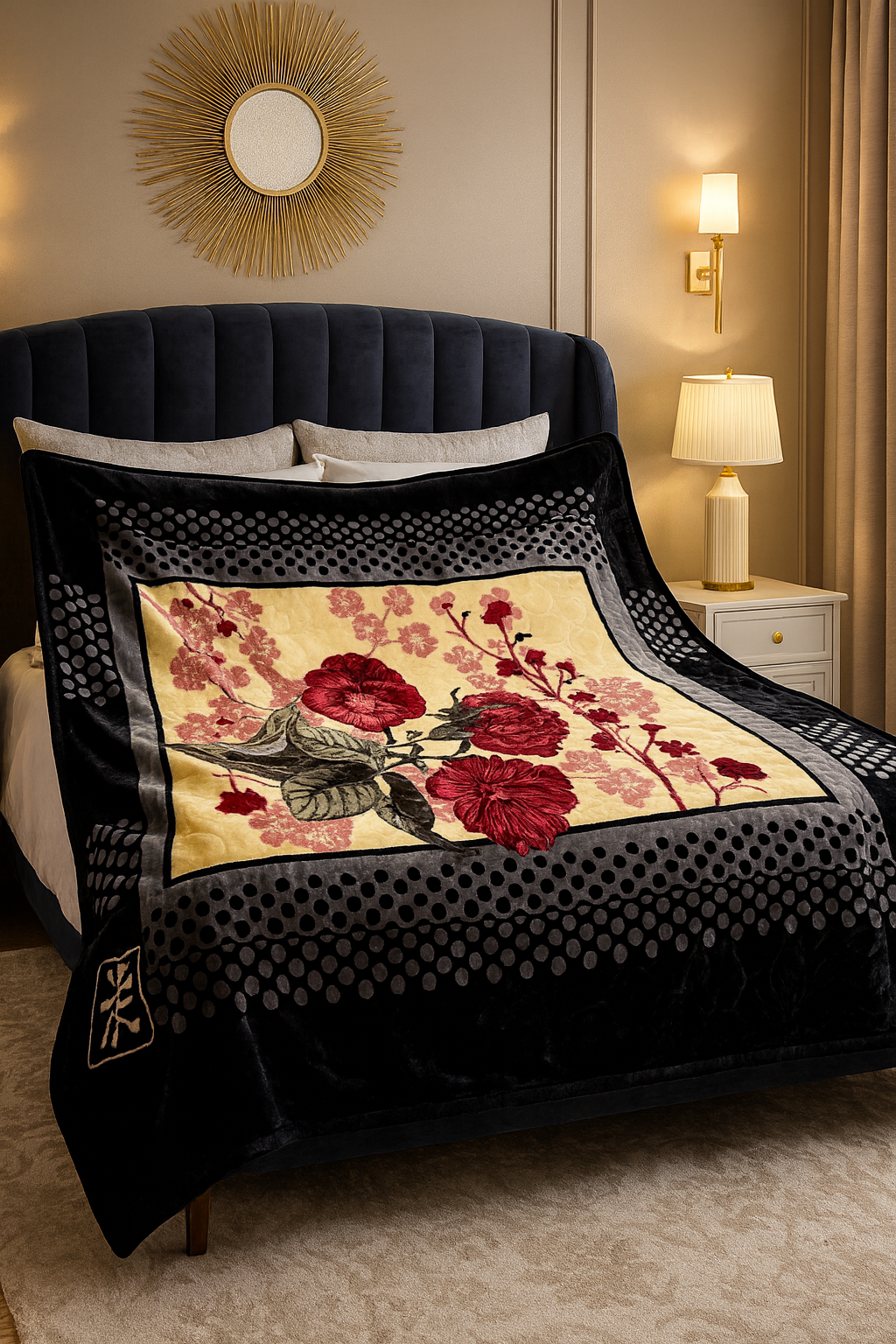 🌹 Black Luxury Floral Blanket – King Size