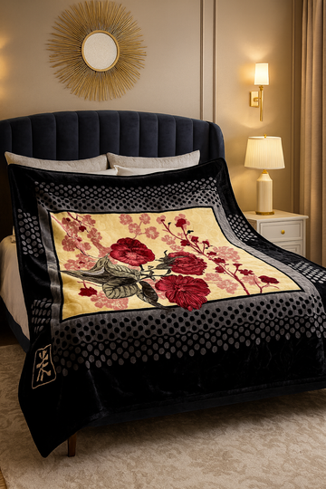 🌹 Black Luxury Floral Blanket – King Size