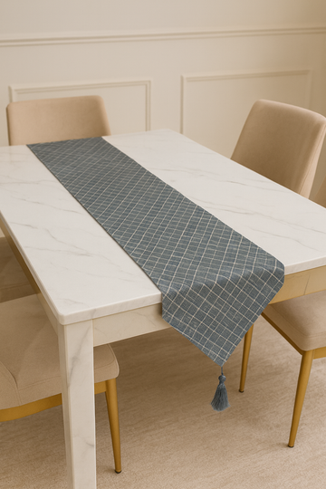 Modern Blue Checker Table Runner with Tassels