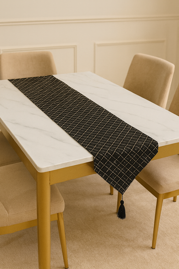 Luxury Black & Gold Geometric Table Runner with Tassels