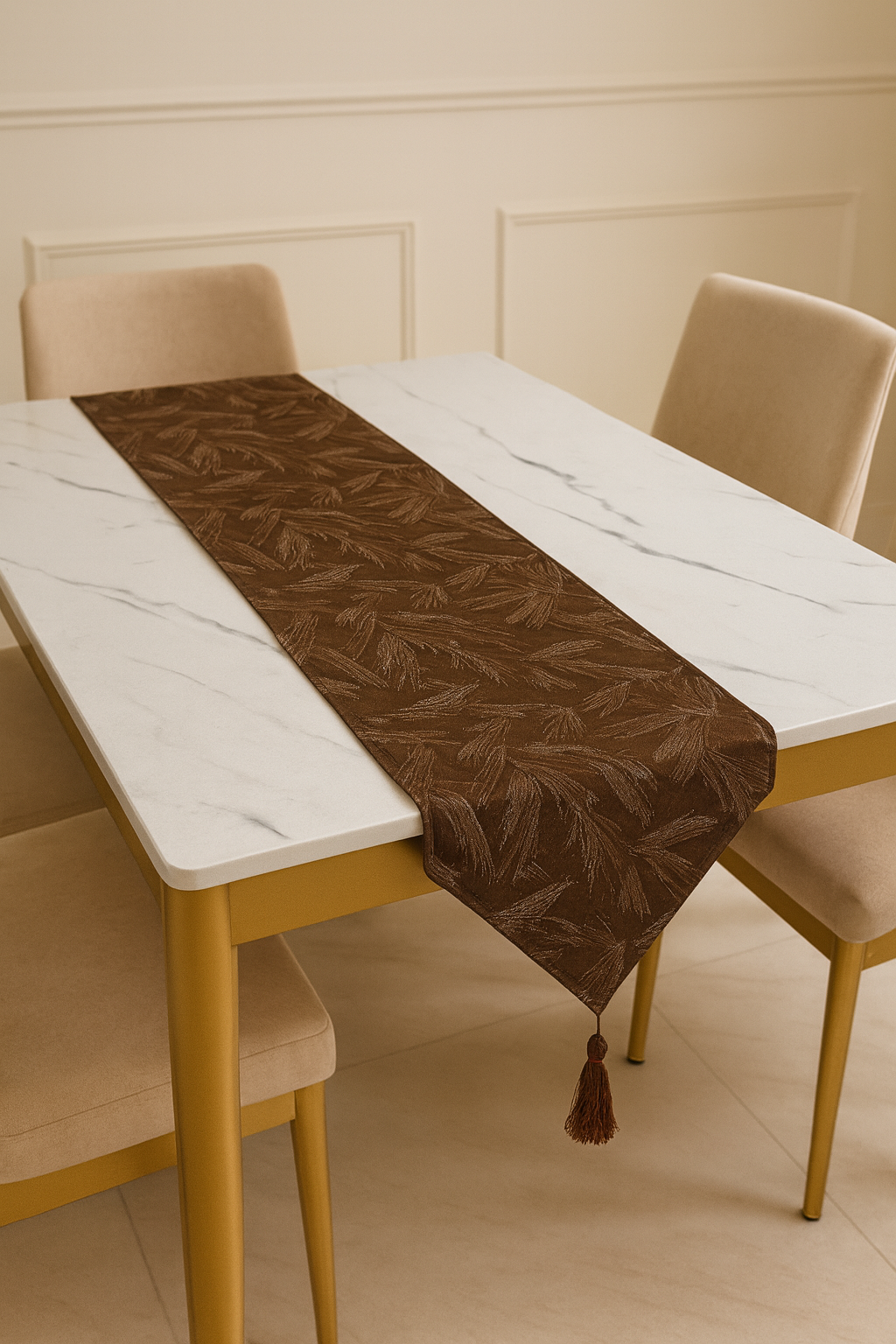Classic Brown Embossed Table Runner with Tassels
