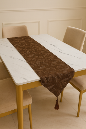 Classic Brown Embossed Table Runner with Tassels