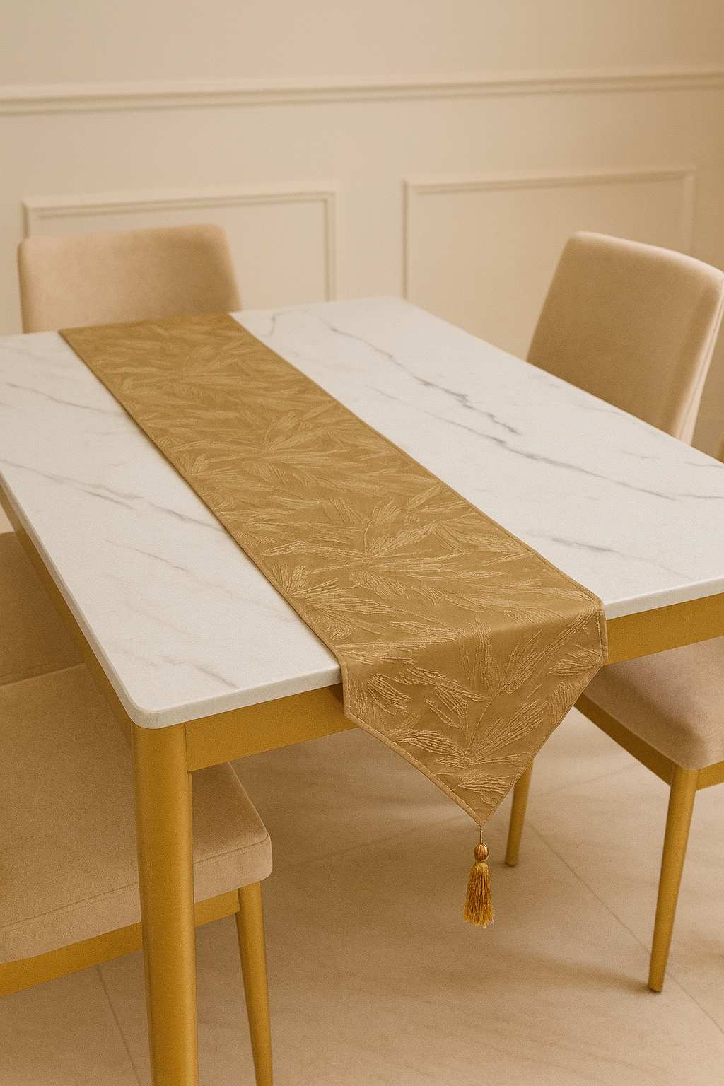 Elegant Golden Embossed Table Runner with Tassels