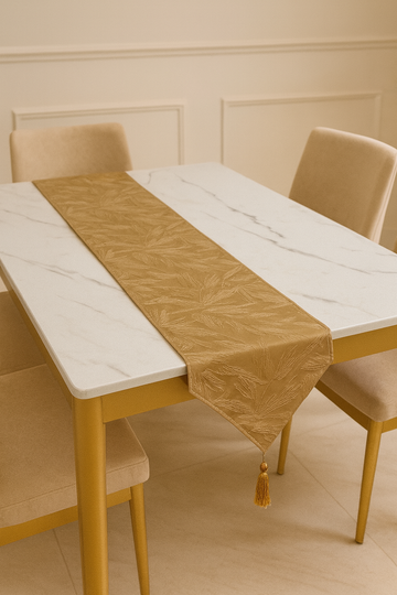 Elegant Golden Embossed Table Runner with Tassels