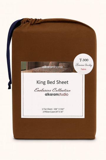 Alkaram Studio Premium Brown Cotton Bed Sheet Set (King Size – T300 Fabric)