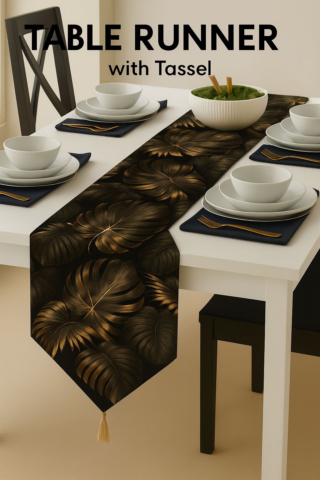 Luxury Geometric Black & Gold Table Runner with Tassel