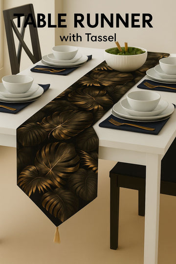 Luxury Geometric Black & Gold Table Runner with Tassel